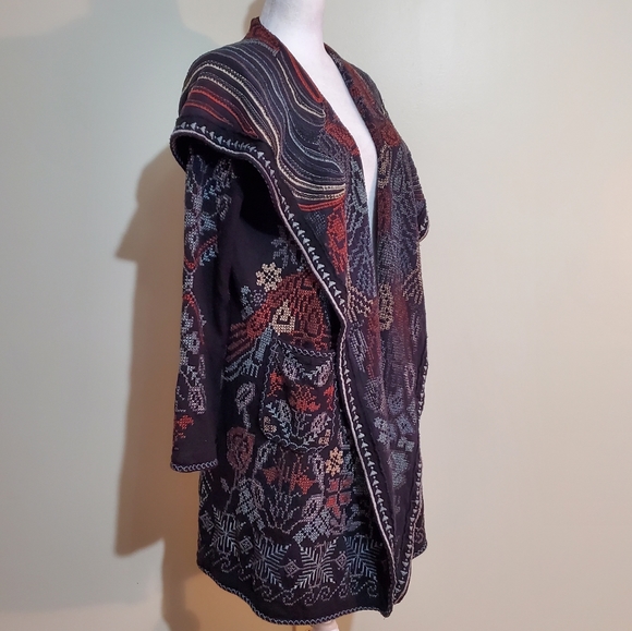 Johnny Was Biya cotton/wool blend black embroidered hooded cardigan sweater. S. - Picture 3 of 14